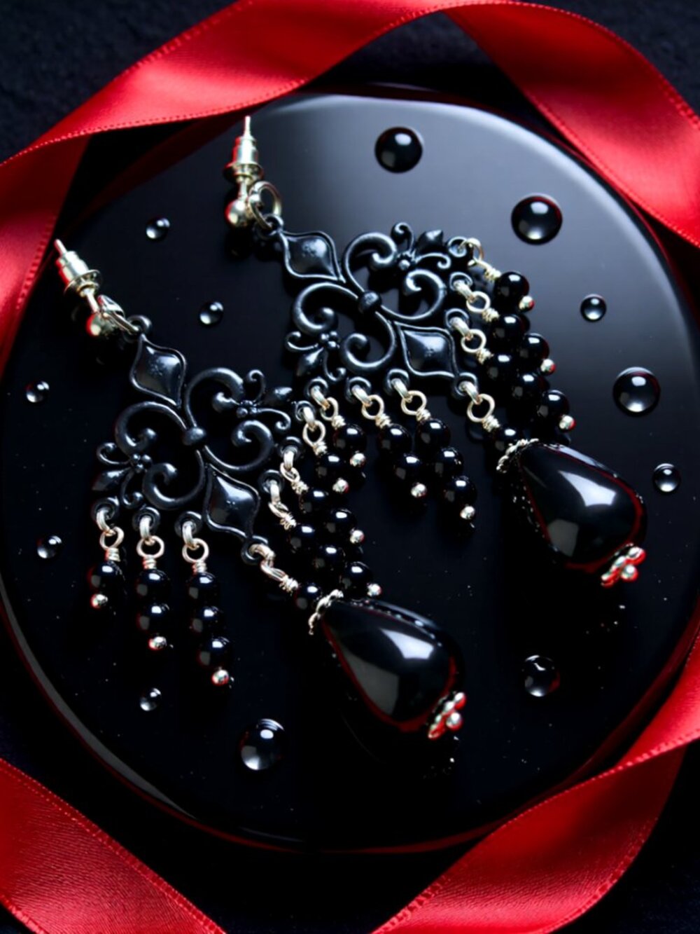 Devastatingly Sexy! Ornate & Opulent Black Onyx Chandelier Earrings - Edgy Goth! - Picture 4 of 10
